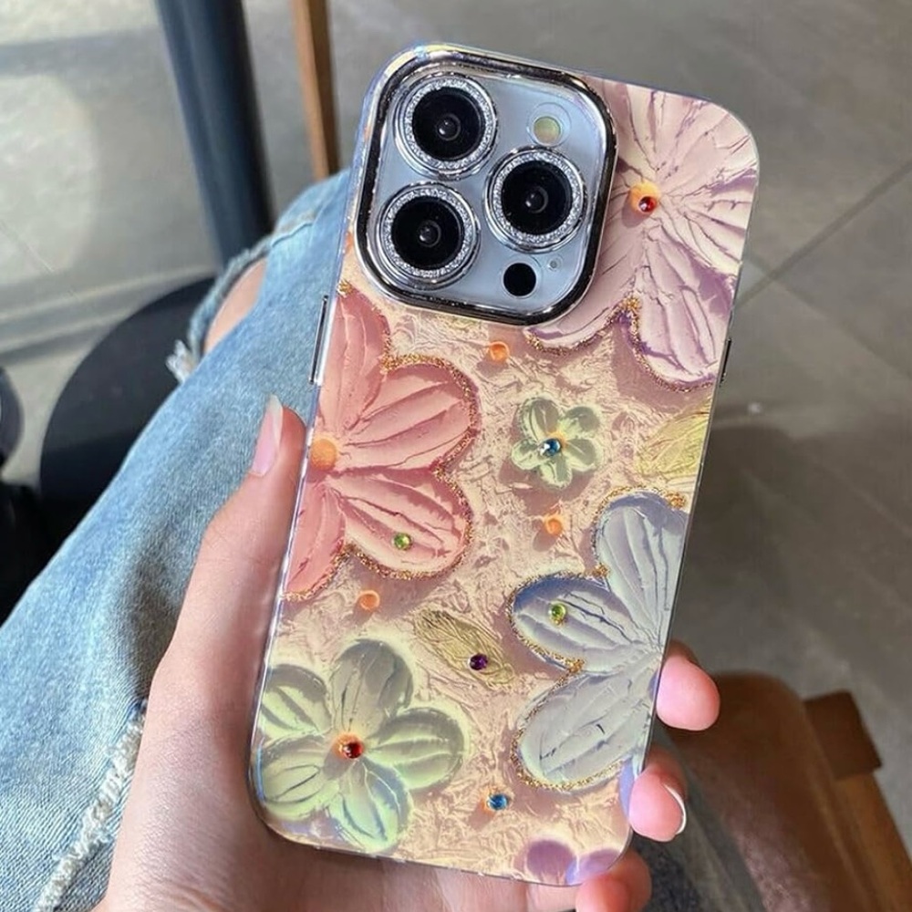 iPhone 15 pro case diamonds and glitter floral design